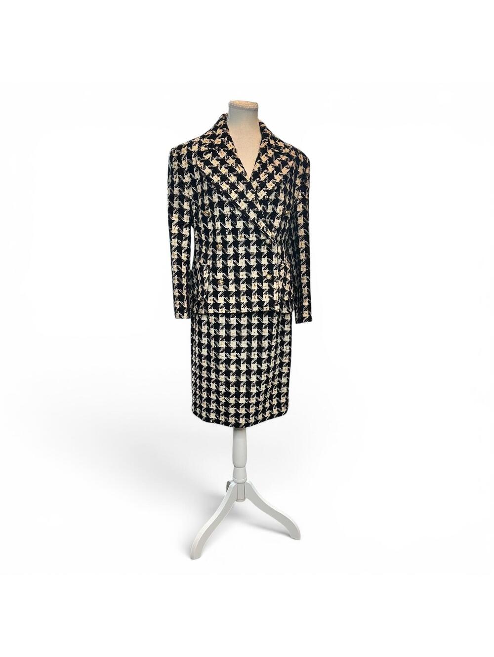 90s Italian Wool Houndstooth Suit Set Double Breasted Blazer Skirt Old Money